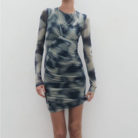 Zara Printed Tulle Long Sleeve Bodycon Dress Size L - Picture 2 of 10